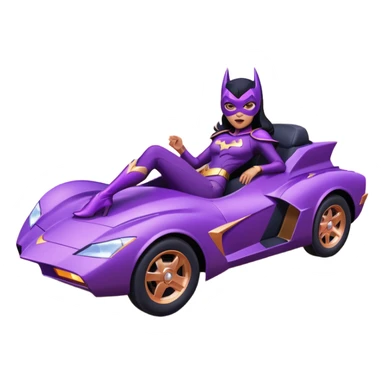 Hot full size real-appearance racing action BatGirl’s Lego feminine midnight-purple tight outfit sixty’s tv show 1992 stealth retro cat burglar sporty petite off-road pursuit hovering hover cruiser car rose gold accents (black hair,reclined and relaxed seating position and attitude) desert sticker
