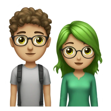 A heavy set boy with brown hair blue eyes and a mustache is kissing a green haired girl who is thin with green eyes and wearing glasses sticker