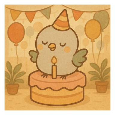 Change the background to a party venue with pastel-tone party decorations and balloons. Keep the baby pigeon happily on top of the cake as is. The illustration style should be soft and gentle. sticker