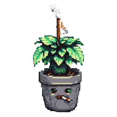 grumpy plant in a pot holding a cigarette sticker