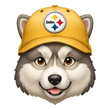 Face of young Malamute with cream face wearing Pittsburgh Steelers hat sticker