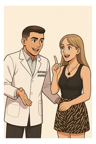 fai un webtoon/manga a colori con questo kinesiologo in camice bianco (fagli la scritta "ANTONIO ANANIA" SUL CAMICE) CHE PARLA CON QUESTA RAGAZZA CON GLI OCCHI AZZURRI. la ragazza lo guarda entusiasta con un indice alzato, IL KINESIOLOGO ha un espressione felice e la aspetta a braccia aperte. NON FARE I FUMETTI, FAI SOLO LORO COME SE DIALOGASSERO sticker