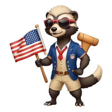 friendly anthropomorphised honey badger in USA Independence Day outfit, wearing sunglasses, carrying a club, dynamic pose sticker