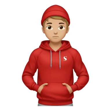 make me an emoji of an americain 19 yearold boy in a red hoodie that says "south" on it and give him with tan skin with his hands in his hands in his pocket not grining flexing his muscles sticker