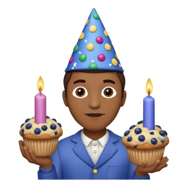 Blueberry Muffin celebrating birthday. Make sure it actually looks like a muffin with candles. Somebody holding it with party hat. Make it a man  sticker