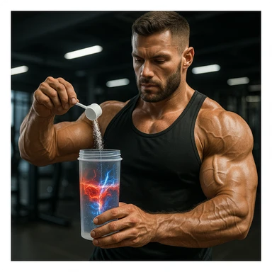 realistic and creative bodybuilder pouring Citrulline and Nitrates powder into a transparent shaker, visual effect of red and blue energy spreading in the liquid, muscles highlighted, modern gym atmosphere, detailed sticker