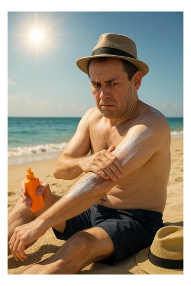 uomo a mare che si mette la crema solare perchè ha paura del sole realistica sticker