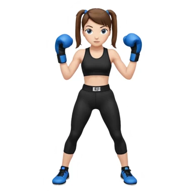 Девушка стоит в черных боксерских перчатках, в стойке, в черном спортивном топе и черных леггинсах, волосы каштановые, собраны в хвост, кожа белая глаза голубые  sticker