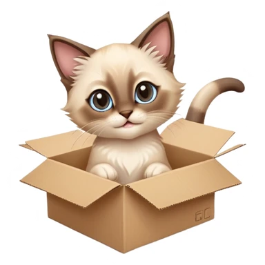  A very cute gery young happy kitten long hair Siamese Cat cat with one's head tilted to one side poked its paws out of the cardboard big box and placed them on top of it sticker