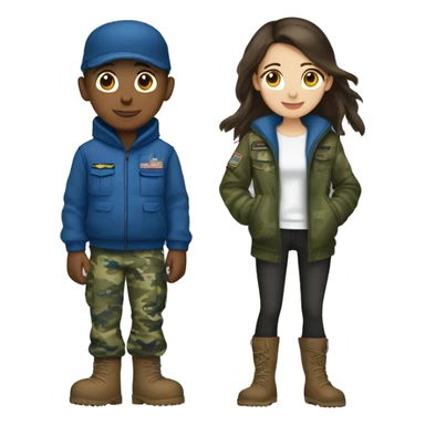 A boy wearing military uniform blue camouflage with his girlfriend that is brunette and wears a hoodie and uggs sticker