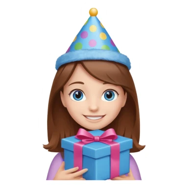 smiling girl with brown hair and blue eyes, holding a present and wearing a birthday hat sticker