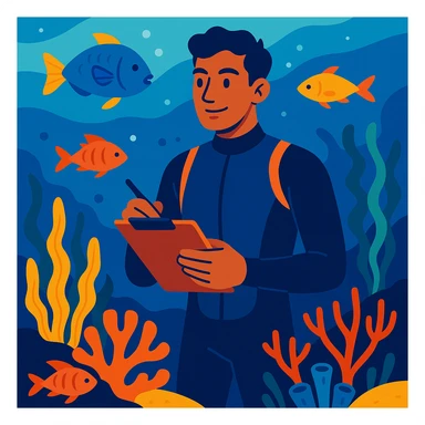 male marine conservationist in a wetsuit holding a clipboard surrounded by ocean life vibrant semi-realistic illustration style sticker