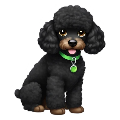 A single Energetic dark black mini poodle with short hair and green collar sticker