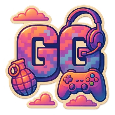 Add a video game controller to the Call of Duty GG emote, maintaining the blocky text, digital camo, and grenade accent, with no background. sticker