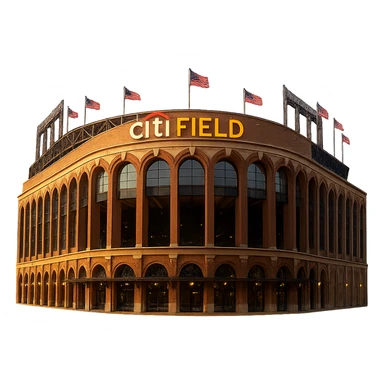 Create a cinematic, realistic emoji of the front facade of Citi Field Stadium in New York. The emoji should feature majestic, ornate architecture with lifelike detail, bright lighting, and the lights in its name sign lit. Use accurate colors and ensure the background is transparent. Reference the provided image for architectural accuracy and color. sticker
