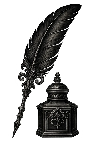 gothic quill and ink bottle, black and silver, no background sticker