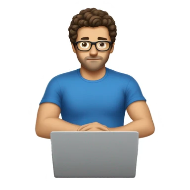 white guy dark brown hair brad pit style and square glasses typing in laptop wearing blue t-shirt no beard sticker