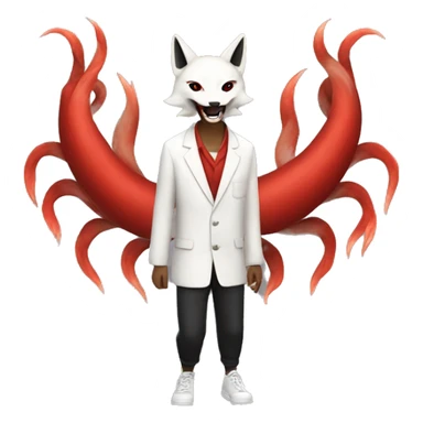 Programmer with Japanese red, black, white kitsune mask walks 2 legs with nine tails sticker