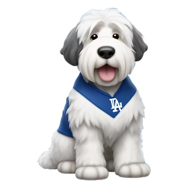 An old English sheepdog full-height wearing a Dodgers shirt sticker
