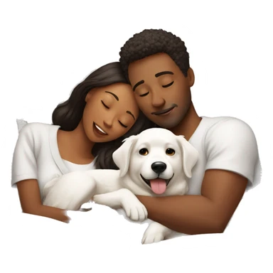 A couple laying in bed with 2 white dogs  sticker