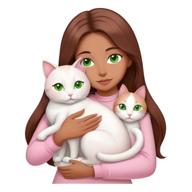 woman with very long brown hair and green eyes in a light pink outfit hugging a white cat sticker