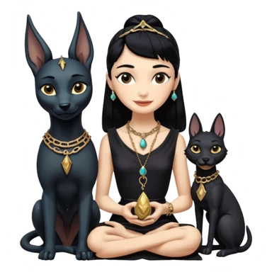 Smiling Witchy-mannered real Audrey Hepburn cleopatra Protecting silky black-haired tiny chained-slave-adorned statuette scale smoky-evil-eyed Anubis dessert scenery stone-age cracked irregular dwelling  sticker