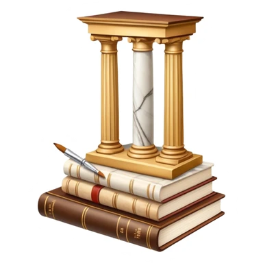 An icon featuring a paint palette, a sculpture, and a book, symbolizing the study of culture and art. The design includes a classical column and a canvas, representing art history and cultural exploration. Transparent background highlights the connection between creativity and history. sticker
