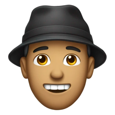 Guy in general emoji style biting lip with teeth showing hand curled under chin with a backwards hat sticker