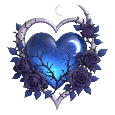 gothic heart, midnight blue glass, silver crescent moon, black roses, stardust, lightning, rain, cracked glass, fantasy dark style sticker