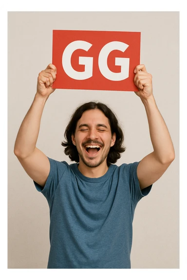 The person in the image is holding the GG sign above their head as if celebrating, the person remains the same. sticker