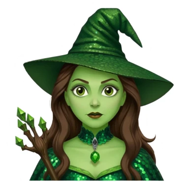 Wicked Witch of the West from the Wizard of Oz with long brown hair, dark green sequin outfit, green skin sticker