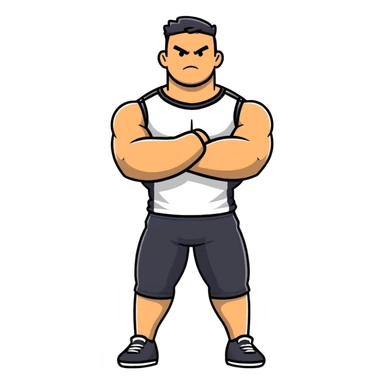 full body bulky male figure standing with arms crossed, muscular build, wearing athletic clothes, serious expression sticker