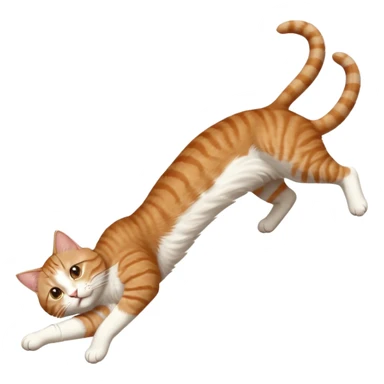 brown tabby and white cat with doing a big extremely long stretch reaching up into the air with arms and legs side by side together straight and overextended whilst lying on its side sticker
