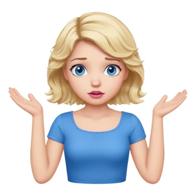 Girl Blonde short wavy hair,  blue eyes, cute blue top, long lashes, pink lips, confused, shrugging hands raised sticker