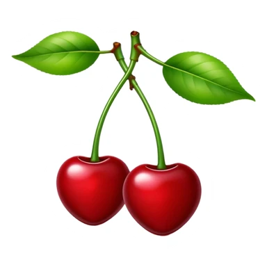 A pair of glossy red cherries with green stem and leaf sticker