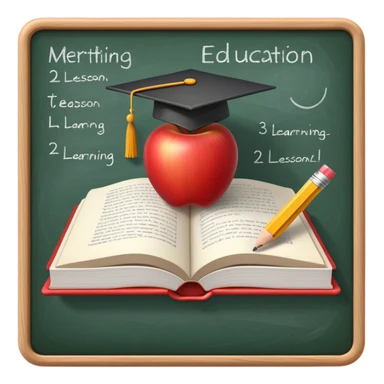An icon featuring an open book, a pencil, and an apple, symbolizing education and pedagogy. The design includes a chalkboard with a lesson plan and a graduation cap, representing teaching and learning. Transparent background highlights the nurturing of knowledge and growth. sticker