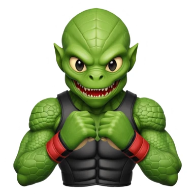 reptilian alien MMA fighter portrait, head and shoulders only, scaled skin, sharp teeth, fighter gloves, battle-ready expression, 3D cartoon, mobile game icon style, clean background, no text, no watermark
 sticker