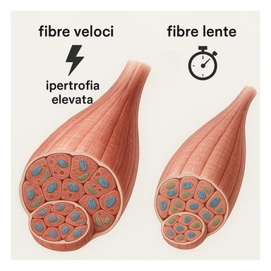 hyper realistic illustration comparing fast and slow muscle fibers, with Italian labels 'fibre veloci', 'ipertrofia elevata', power icons, cellular details, educational atmosphere, white background sticker