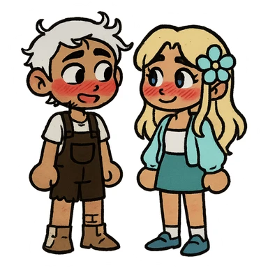 Create a couple image of these two cartoon characters standing side by side, both blushing and looking shyly at each other, matching their style, transparent background. sticker