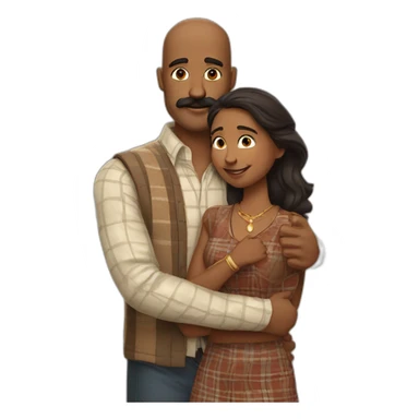 Tall white man wearing plaid with brown hair and a brown mustache hugging a very short Indian woman sticker