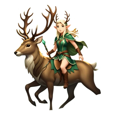 An icon representing an adventure game, inspired by high-fantasy RPGs. The design features a swift and agile elven ranger riding a majestic stag through an ancient forest, its antlers glowing faintly with mystical energy. Sunlight filters through towering trees, creating a sense of mystery, nature, and adventure. Transparent background. sticker