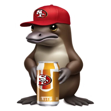 platypus in a 49ers cap holding a white beer can sticker