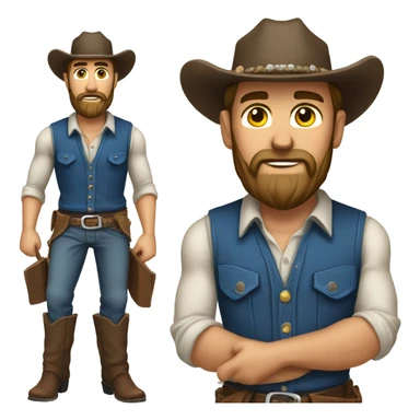 a rugged cowboy with a thick beard, wearing a blue vest over a classic western shirt. He should have a confident stance, showing full torso sticker