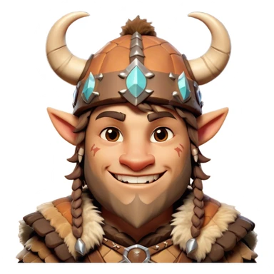 Cinematic Playful Barbarian Portrait Emoji, Head tilted with a cheeky grin and lively eyes, featuring a compact, stylized build in patchwork furs and a whimsical horned cap, Simplified yet irresistibly charming features, highly detailed, glowing with a warm, inviting glow, high shine, energetic and endearing, stylized with a touch of whimsical medieval mischief, soft glowing outline, capturing the essence of a playful barbarian that exudes friendly bravery! sticker