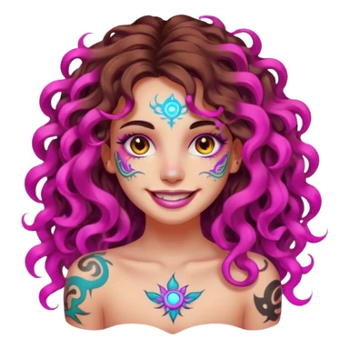 woman with long curly brown hair, brown eyes, white skin, tattoos, fake innocent smile with chaotic neon aura sticker