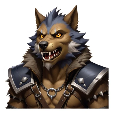 Cinematic Realistic WoW Worgen Portrait, head tilted dramatically with an exaggeratedly amused expression, blending ferocious beastliness with a touch of unexpected humor. His rugged fur, tanned skin, and worn leather garments are rendered with meticulous detail and dynamic lighting, high shine, dramatic yet whimsical, capturing the essence of a worgen whose epic might is tempered by a playful, irreverent charm. sticker