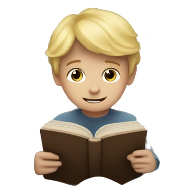 A small boy with blonde hair in bed reading a book called “the never ending story” sticker