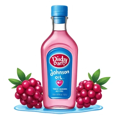bottle of oil blue top pink outside with logo that says Diddy Party oil Johnson and Johnson  brand with a smiling berry on top sticker