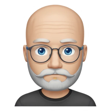 Bald man with blue eyes grey beard and moustache. Hipster. No glasses. Black T-shirt  sticker