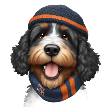 Bernedoodle with chicago bears hat and scarf sticker